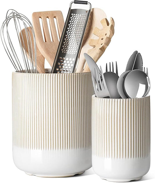 LE TAUCI Utensil Holder for Kitchen Counter, 7.3"+5.4" Fluted Ceramic Utensil Crock Organizer for Countertop, Heavy Large Holder for Spatulas, Spoons, Set of 2, Warm White Glaze by LETAUCI