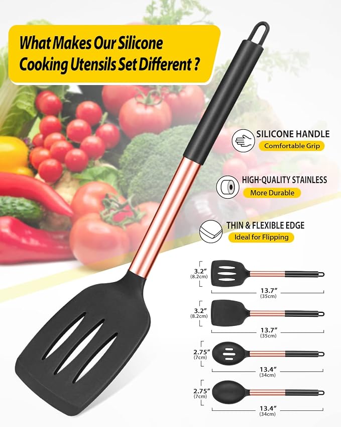Pack of 4 Silicone Cooking Utensils Set, Non Stick Large Solid Spatulas, Heat Resistant Rose Gold Black Slotted Spoons, Ideal BPA Free Kitchen Turners for Frying, Mixing,Serving,Draining,Turning - Image 2
