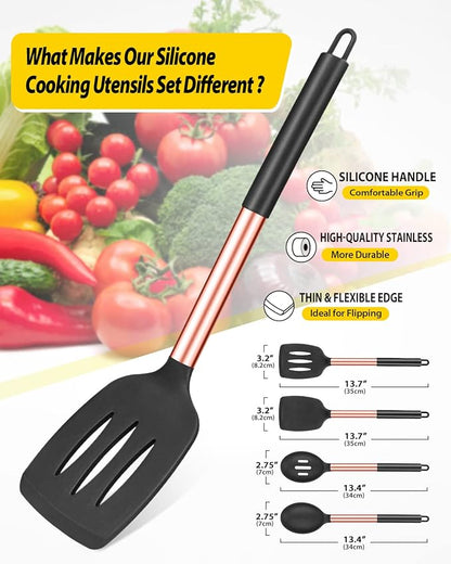 Pack of 4 Silicone Cooking Utensils Set, Non Stick Large Solid Spatulas, Heat Resistant Rose Gold Black Slotted Spoons, Ideal BPA Free Kitchen Turners for Frying, Mixing,Serving,Draining,Turning - Image 2