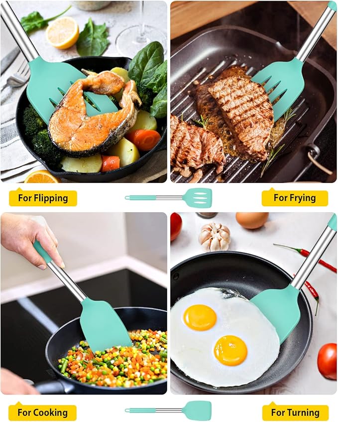 Pack of 2 Silicone Solid Turner, Non Stick Slotted Kitchen Spatulas, High Heat Resistant BPA Free Cooking Utensils, Ideal Cookware for Fish, Eggs, Pancakes(Green) - Image 3