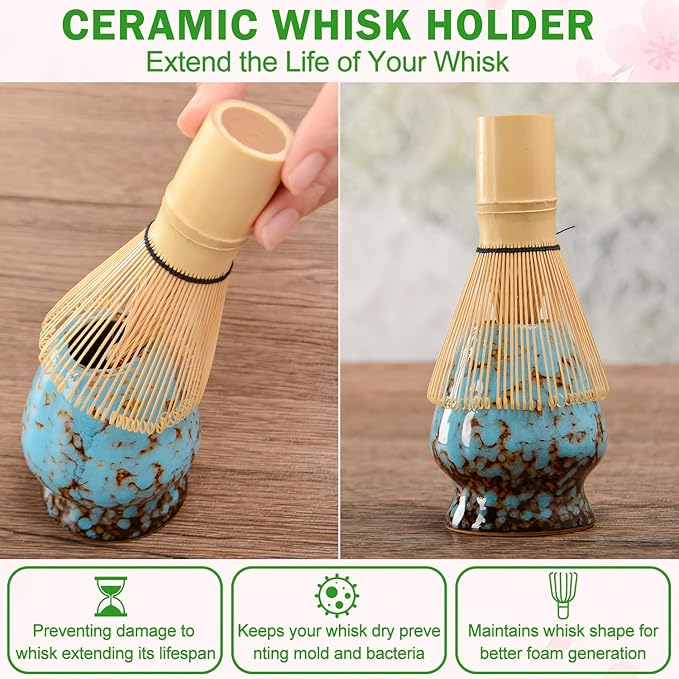 Matcha Bowl and Whisk Set, BPA-Free – Multi-Layer Ice-Crackle Ceramic Chawan with Spout, Bamboo Chasen, Holder, Scoop & Sifter | Japanese Ceremonial Matcha Tea Kit for Lattes & Beginners