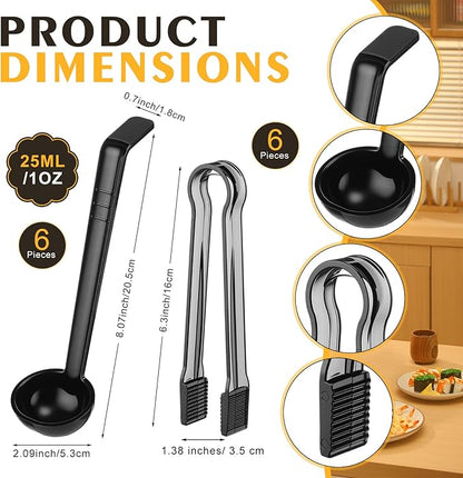 12 Pieces Plastic Serving Utensils Set Including 6 Pcs 1 oz Small Ladle and 6 Pcs Tong Acrylic Long Handle Ladle for Serving Sauce, Soup, Dressing, Punch Bowl, Gravy for Party Banquet Catering(Black) - Image 2