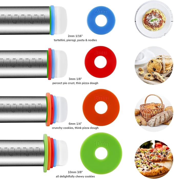Stainless Steel Rolling Pin and Silicone Mat Set, Adjustable Thickness Rings - For Baking Dough, Pizza, Pies, Pastries, Pasta, Cookies - Image 5