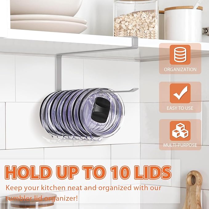 Tumbler Lid Organizer, Horizontal Tumbler Lid Storage Hook Up to 10 Lids, Space Saving Cup Lid Holders Under Cabinet Tumbler Lid Hook for Kitchen Organizer and Storage, Paper Towel Rack Hanger (Gray) - Image 2