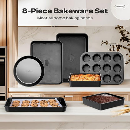 Nonstick Baking Pans Set, 8-Piece Stackable Bakeware Sets, Non-Toxic Oven Pan Set, Includes Baking Sheet, Cake Pan, Muffin Pan, Loaf Pan, Square Pan, Cookie Sheet & Roasting Pan, Black - Image 3