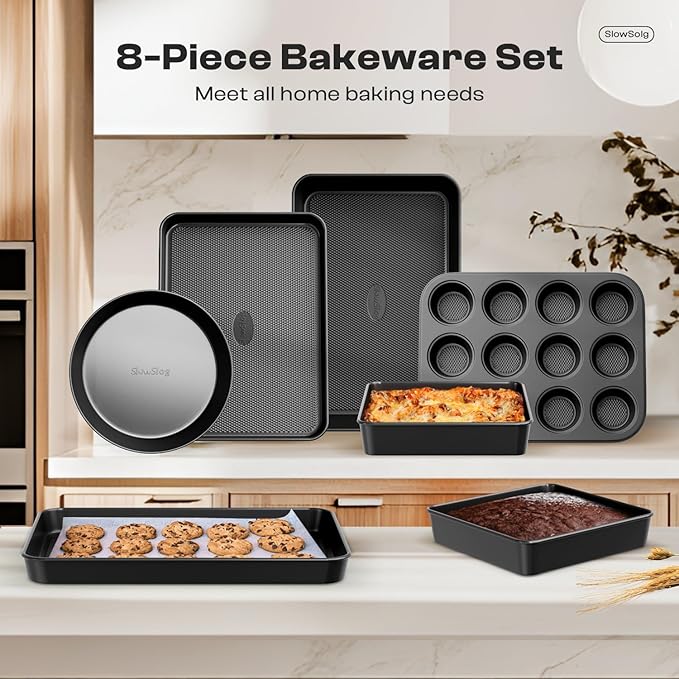 12-Piece Nonstick Bakeware Set, Stackable Non Toxic Baking Pans Set with Rack & Kitchen Utensils, Cookie Sheets Set, Cake Pan, Muffin Pan, Loaf Pan, Roasting Pan, Black - Image 4