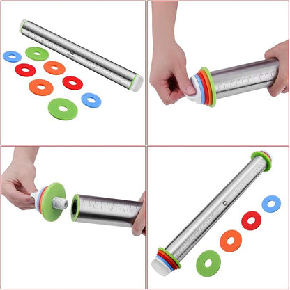 Rolling Pin and Pastry Baking Mat Set, Rolling Pins with Adjustable Thickness Rings, Stainless Steel Dough Roller for Baking Fondant, Pizza, Pie, Pastry, Pasta, Cookies (Black Mat) - Image 3