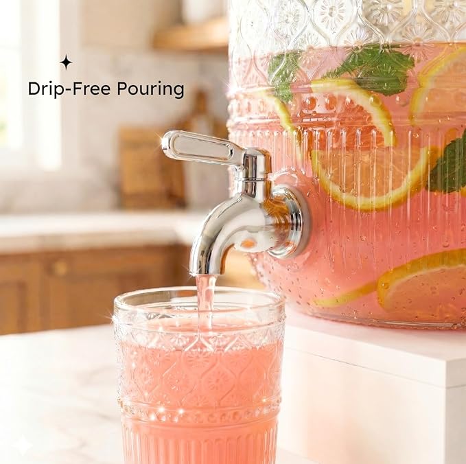Godinger Drink Dispenser 2 Gallon, Large Glass Water Dispenser - (256oz) Blush