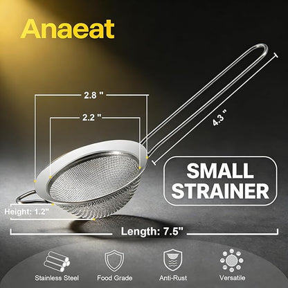 Anaeat Fine Mesh Strainers - Premium Stainless Steel Colander Sieve Sifters, with Durable Mesh and Sturdy Handle, Excellent for Sifting Dry ingredients, Flour, Pastas, Rice, Tea (2.8"）
