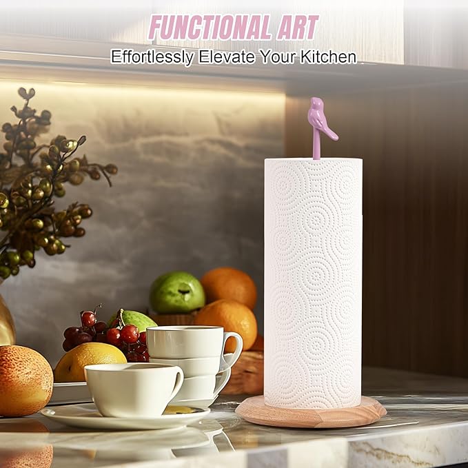 Wooden Paper Towel Holder countertop, Stylish Bird Shaped,Solid Wood Base&Iron Top, with Non-Slip Mat, Stable&Durable,Paper Towel Holder Farmhouse Style to Elevate Your Kitchen's Décor (Pink) - Image 4