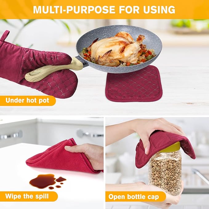 6 Pcs Oven Mitts and Pot Holders, 500℉ Heat Resistant Oven Mitts with Kitchen Towels Soft Cotton Lining and Non-Slip Silicone Surface Safe for Baking, Cooking, BBQ (Red) - Image 5