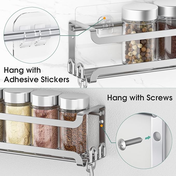 LUCYCAZ 4 Pack Wall Mounted Spice Rack with 16 Hooks, Spice Organizer Shelf for Stove Cabinet Pantry Door,Screw or Adhesive Spice Shelf Hanging Wall Spice Rack in Kitchen and RV (Silver, 4 PACK) - Image 5