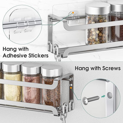 LUCYCAZ 2 Pack Wall Mounted Spice Rack with 8 Hooks, Spice Organizer Shelf for Stove Cabinet Pantry Door,Screw or Adhesive Spice Shelf Hanging Wall Spice Rack in Kitchen and RV (Silver, 2 PACK) - Image 6