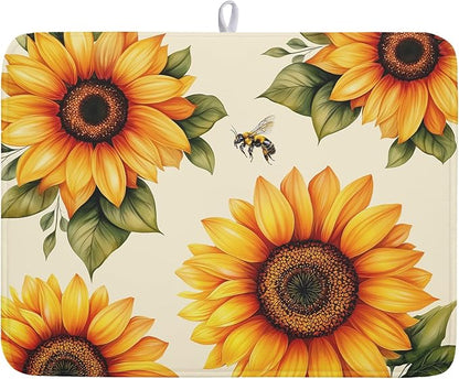 Spring Summer Dish Drying Mat 18x24 Inch Absorbent Reversible Sunflower Drying Mat Sunflower Bee Dish Drying Rack Mat Yellow Summer Themed Dish Drainer Mat for Kitchen Counter Coffee Bar