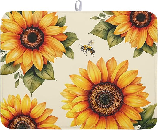 Spring Summer Dish Drying Mat 18x24 Inch Absorbent Reversible Sunflower Drying Mat Sunflower Bee Dish Drying Rack Mat Yellow Summer Themed Dish Drainer Mat for Kitchen Counter Coffee Bar