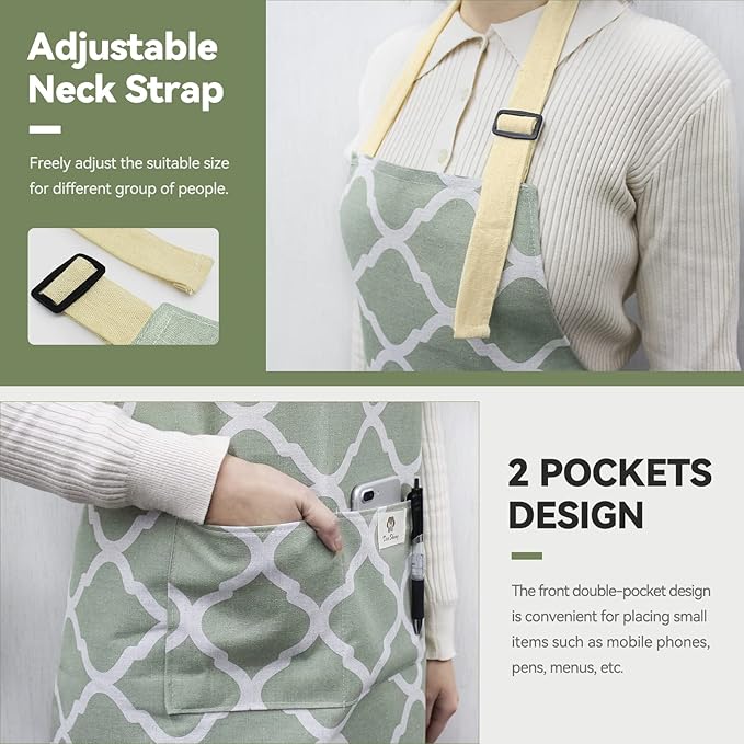 NLUS 2 Pack Kitchen Cooking Aprons, Adjustable Bib Waterproof Chef Apron with 2 Pockets for Men Women(Green Plaid/Grey Plaid) - Image 4