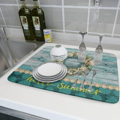 Hello Summer Dish Drying Mat for Kitchen Counter,Sea Shell Starfish Coastal Wreath Drying Mat 18 x 24 Inch with Absorbent Reversible Microfiber Drying Pad for Coffee Bar - Image 6