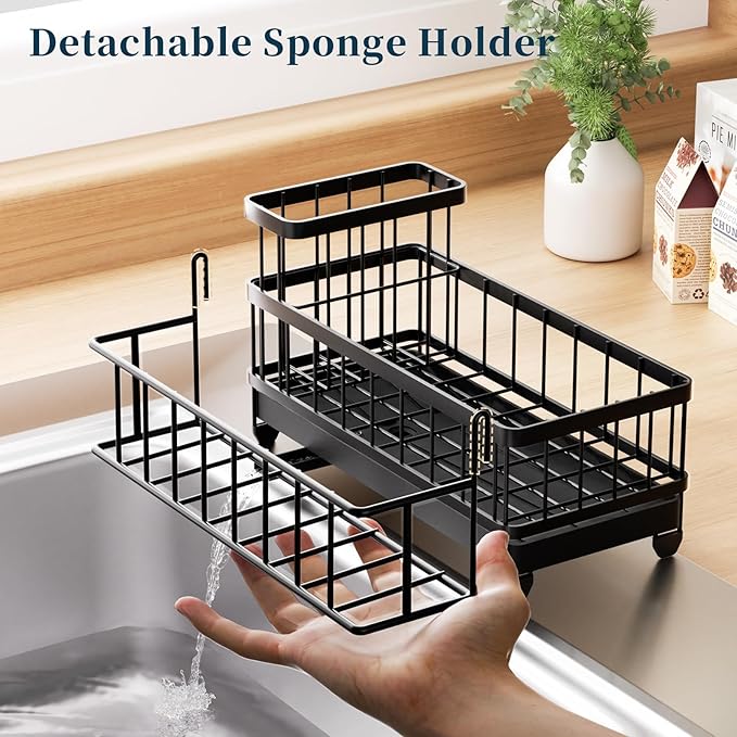 Consumest Sponge Holder for Kitchen Sink - Auto Draining Sink Caddy Organizer with Detachable Rack, High Brush Holder, Kitchen Countertop Storage Accessories, Black - Image 4