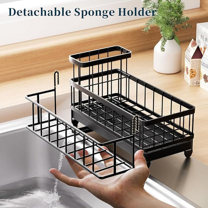 Consumest Sponge Holder for Kitchen Sink - Auto Draining Sink Caddy Organizer with Detachable Rack, High Brush Holder, Kitchen Countertop Storage Accessories, Black - Image 4