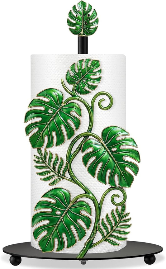 Thyle Tropical Monstera Paper Towel Holder with Round Base Boho Bathroom Decor Green Leaf Dispenser Kitchen Paper Holder Stand for Countertop Toilet Home Accessories
