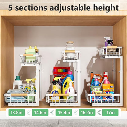 Merrylun Under Sink Organizers,5 Adjustable Height，Metal Pull Out Under Sink Organizers and Storage Shelves with Sliding Drawer 2 pack, White