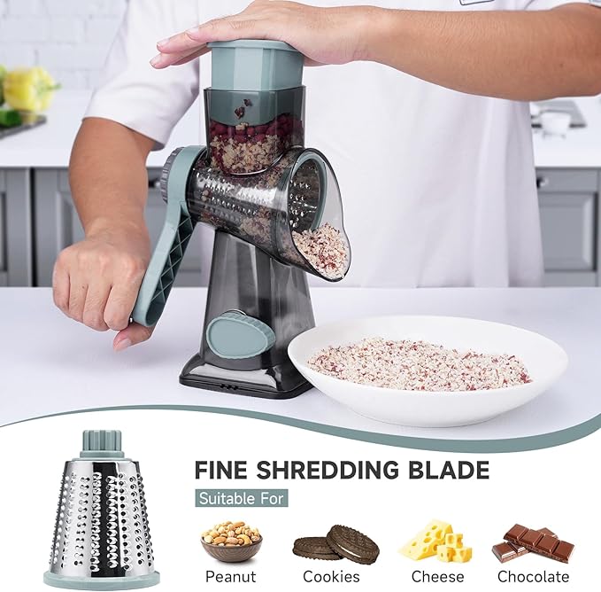 Cheese Grater Hand Crank, Manual Cheese Shredder with 3 Interchangeable Blades, Rotary Cheese Grater with Strong Suction Base, Easy to Use and Clean, GreyBlue - Image 4