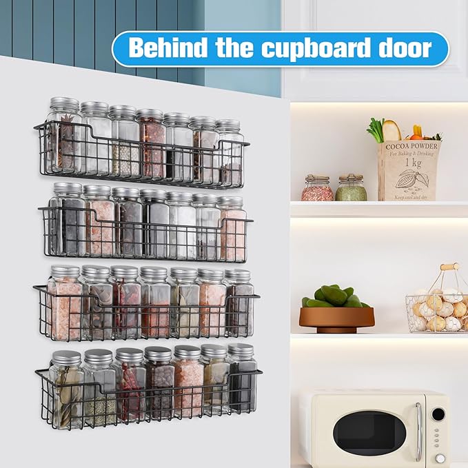 Spice Rack Organizer Wall Mount, Spice Organization Storage Shelf for Cabinet Door, 4 Packs Wall Spice Rack Saving Space for Kitchen, Black - Image 5