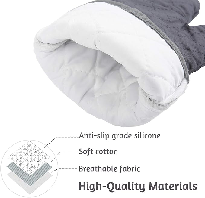4Pcs Oven Mitts and Pot Holders Set, 572F Heat Resistant Oven Glove, Soft Cotton Lining with Non-Slip Surface for Kitchen Baking BBQ (Grey) - Image 2
