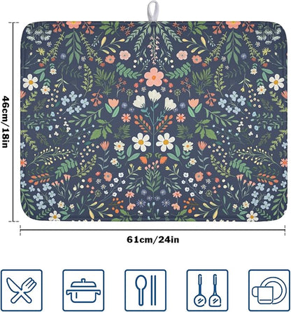 Floral Dish Drying Mat for Kitchen Counter Rustic Flower Leaves Print Microfiber Dish Drainer Mat Farmhouse Floral Absorbent Washable Drying Pad Extra Large 18"x24"