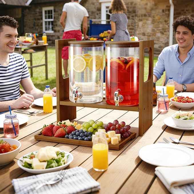 2 PCS 1.2 Gallon Drink Dispenser, Glass Beverage Dispenser with Wood Stand and Detachable Food Platter, Party Drink Dispensers for Lemonade, Juice, Tea, Ice Coffee - Image 2