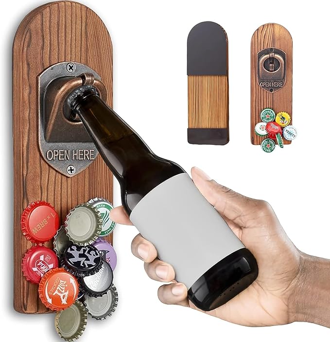 Beer Bottle Opener Wall Mounted with Magnetic Cap Catcher, Wooden Magnetic Bottle Opener for Fridge, Vintage Beer Gifts for Men, Man Cave Decor, Gifts for Men and Beer Lovers (Style 1)