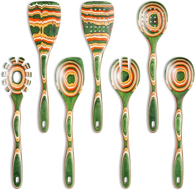 7Pcs Pakkawood Kitchen Utensils Set for Cooking, Wooden Spoons for Cooking, Safe Eco-Friendly, Non-Stick, Wooden Utensil for Cooking,Wooden Cookware Set, Housewarming Kitchen Gifts, Green