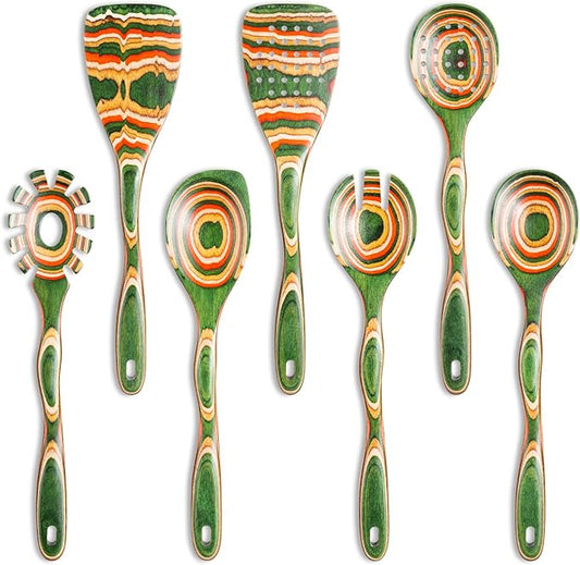 7Pcs Pakkawood Kitchen Utensils Set for Cooking, Wooden Spoons for Cooking, Safe Eco-Friendly, Non-Stick, Wooden Utensil for Cooking,Wooden Cookware Set, Housewarming Kitchen Gifts, Green