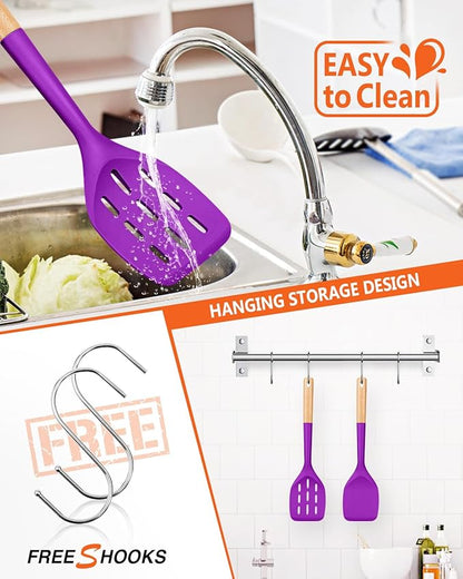 Pack of 2 Silicone Spatula, Non Stick Cooking Utensil Set, Wooden Handle Kitchen Turner for Baking Mixing Grilling Serving Food Heat Resistant (BERRY) - Image 4