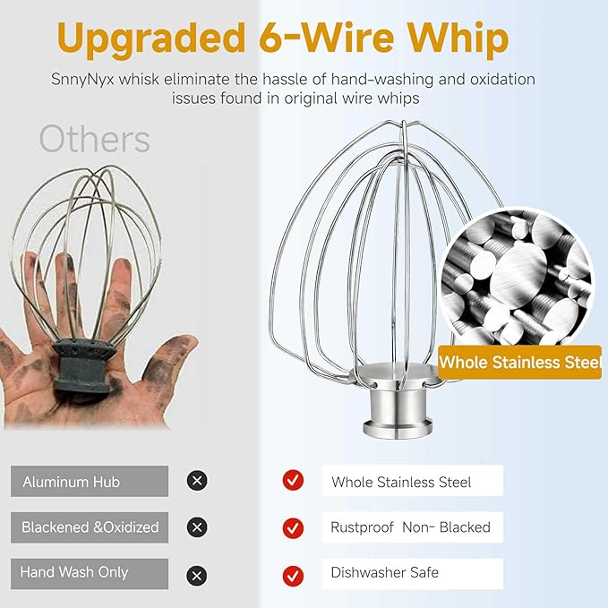 K45WW Whisk Attachment for 4.5 5 QT KitchenAid Tilt-Head Stand Mixer, 6 Wire Whip Compatible with Kitchen Aid accessories，Holeless Hub Design, 30% Faster Mixing, Dishwasher Safe