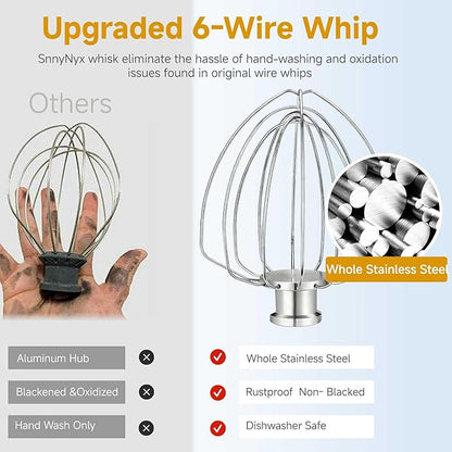 K45WW Whisk Attachment for 4.5 5 QT KitchenAid Tilt-Head Stand Mixer, 6 Wire Whip Compatible with Kitchen Aid accessories，Holeless Hub Design, 30% Faster Mixing, Dishwasher Safe