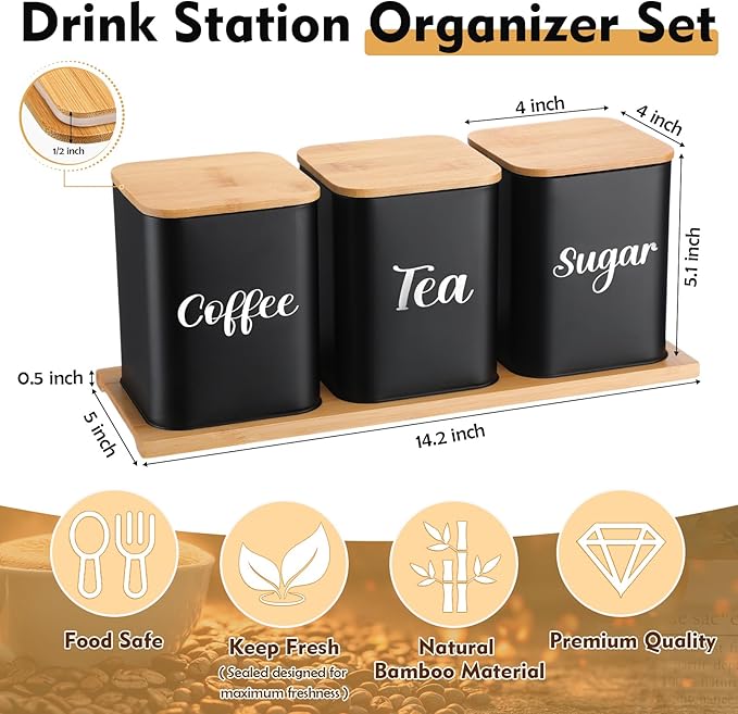 Tioncy Coffee Tea Sugar Container with Tray Set of 3 Airtight Metal Canister with Bamboo Lid Tray for Kitchen Counter Dining Room Farm House Kitchen Style Drink Station Organizer Set (Black) - Image 2