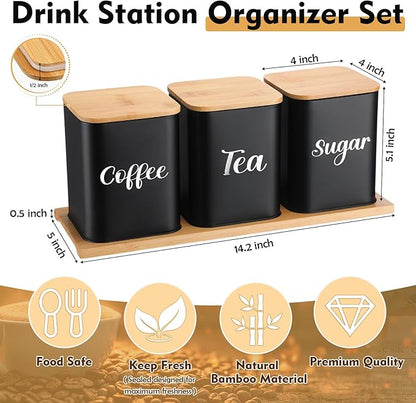 Tioncy Coffee Tea Sugar Container with Tray Set of 3 Airtight Metal Canister with Bamboo Lid Tray for Kitchen Counter Dining Room Farm House Kitchen Style Drink Station Organizer Set (Black) - Image 2