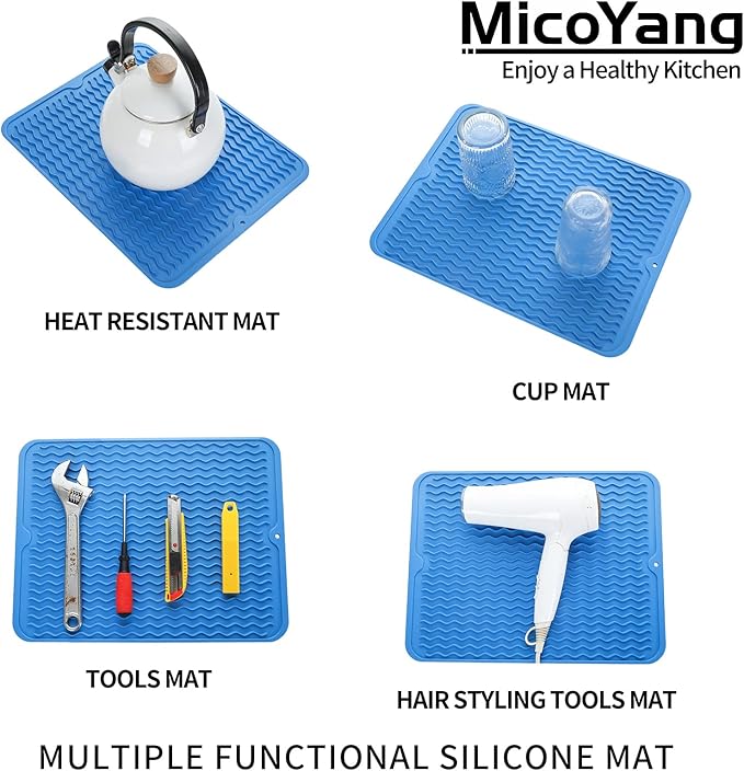 MicoYang Silicone Dish Drying Mat for Multiple Usage,Easy clean,Eco-friendly,Heat-resistant Silicone Mat for Kitchen Counter or Sink,Refrigerator or Drawer liner Lichen BlueL M 12 inches x 12 inches - Image 4