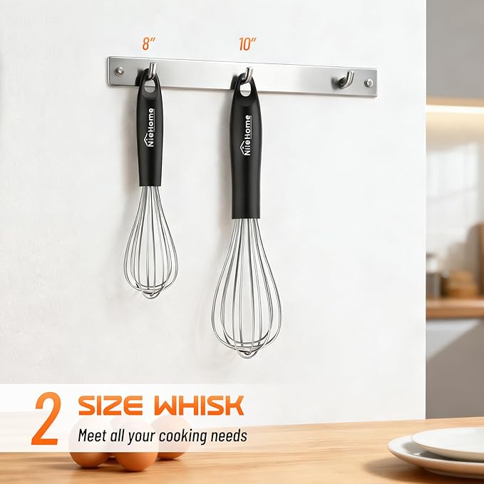NileHome Silicone Whisk Set 8" 10" Kitchen Whisk Kitchen Wisk Wire Whisks for Cooking, Whisking, Blending, Beating, Stirring-Black Silver - Image 2