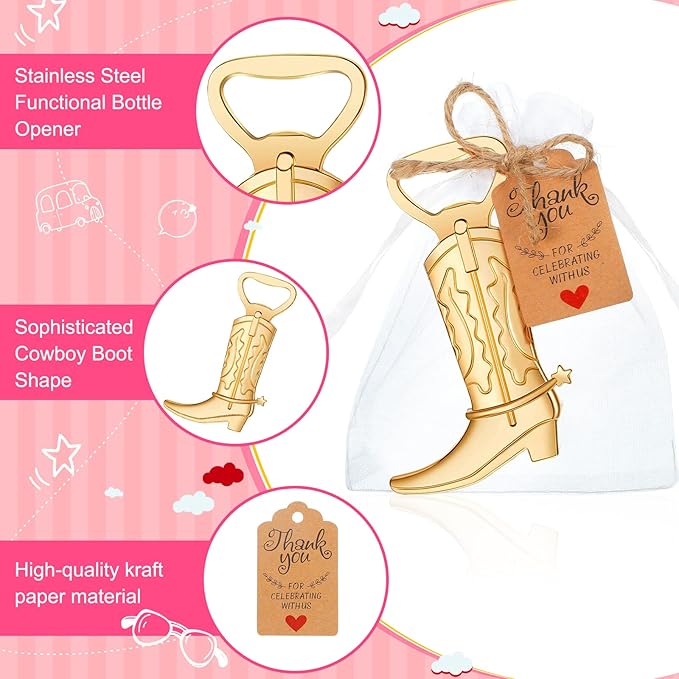 Meanplan 251 Pcs Cowboy Boot Bottle Opener Set Cowgirl Western Derby Wedding Party Favor Includes Cowboy Beer Bottle Opener Organza Bag Thank You Tag and Jute Rope for Guest Wedding Party Baby Shower - Image 3