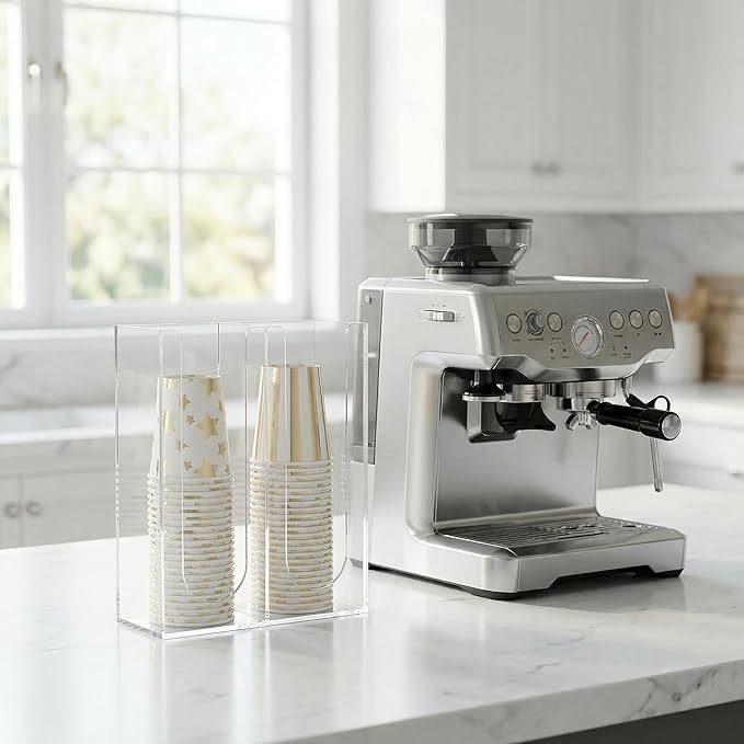 Acrylic Coffee Cup and Lid Storage Organizer Holder, 2 Compartments Disposable Paper Cup Dispenser, Clear Plastic Cups and Lids Organizer for Kitchen, Countertop, Coffee Bar