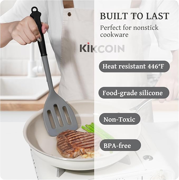 Kikcoin 43Pcs Large Kitchen Utensils Set - Silicone Cooking Utensils Set, Dishwasher Safe Spatula Set for Non-stick Cookware, 446°F Heat Resistant Kitchen Utensils Set with Holder BPA Free, Grey - Image 3