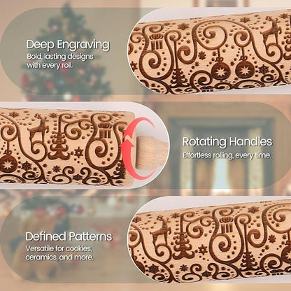 Floral Reindeer Embossed Rolling Pins for Cookies, Wooden Engraved Rolling Pin for Baking, Embossing Rolling Pin with Design, Patterned Rolling Pin Decorative Springerle Mold Stamp Clay Pattern Roller