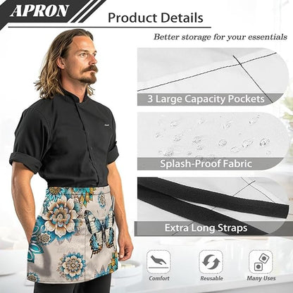 Server Apron with 3 Pockets, Waterproof Oil Waitress Waiter Half Apron for Restaurant Hotel Kitchen Cafe