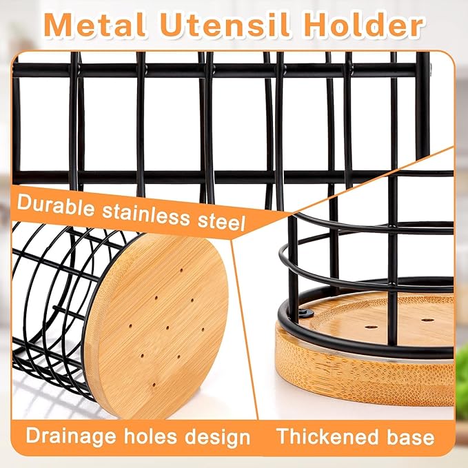 hunnycook 2-Piece Utensil Holders - 5.1*5.1*5.8 and 3.7*3.7*5.8 inches Kitchen Utensil Holders, Metal Black Crocks with Wooden Base, Easy to Drain - Image 3
