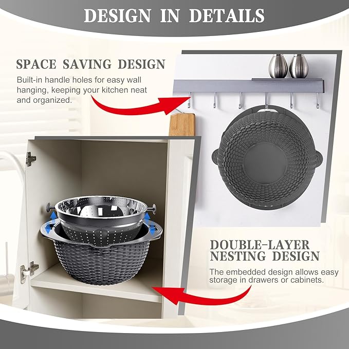 4-1 Colander with Lid Set - Rotatable Strainer With Bowl(Patented), Pasta Strainer with New Upgraded Graters, Strainer And Colanders, Fruit Cleaner, Veggie Wash, Apartment Kitchen Gadgets - Grey - Image 7