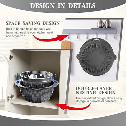 4-1 Colander with Lid Set - Rotatable Strainer With Bowl(Patented), Pasta Strainer with New Upgraded Graters, Strainer And Colanders, Fruit Cleaner, Veggie Wash, Apartment Kitchen Gadgets - Grey - Image 7