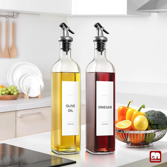 gmisun Olive Oil and Vinegar Dispenser Bottle Set, 2 Pack Oil and Vinegar Dispenser Bottle, 17oz Kitchen Oil Dispenser, Glass Cooking Oil Dispenser, Clear Glass Bottles for Oil with Funnel and Labels - Image 5