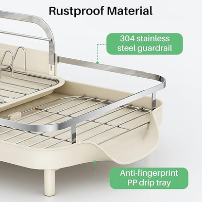 SAYZH Dish Drying Rack - Expandable Dish Rack for Kitchen Counter, Rust-Resistant Dish Drainer with Utensil Holder and Raised Guardrail, Kitchen Organizer for Cup and Bottle (Beige) - Image 3
